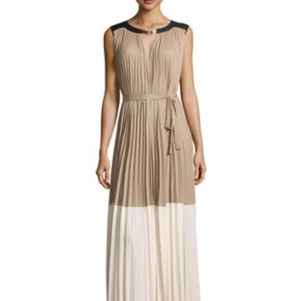 Gorgeous NWT BCBG Maxazria Khaki Combo Colorblock Long Pleated Gown